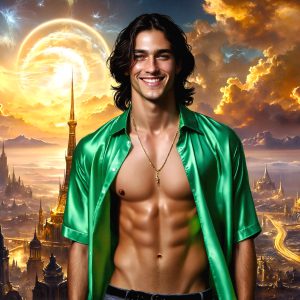 The Beautiful & Handsome Men of the Golden City, is a collection of AI generated images of sexy, glamorous, handsome guys in the heavens. On a balcony, overlooking a large golden city in the heavens. The heavenly landscape evokes a sense of magnificence, the majestic gothic architecture, is detailed and crafted to create an atmosphere of reverence and divine glory. The mystical and galactic landscape highlights the golden city. The great detail of the city and the billowing clouds. A golden river flows from the city to the end of the galaxy. A breathtaking scene of Salar de Uyuni at sunset, reflecting a vibrant gold hue. The stars and constellations sparkle in the galaxy. The city has massive, magnificent, majestic gothic architecture.