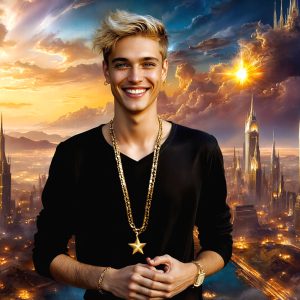 The Beautiful & Handsome Men of the Golden City, is a collection of AI generated images of sexy, glamorous, handsome guys in the heavens. On a balcony, overlooking a large golden city in the heavens. The heavenly landscape evokes a sense of magnificence, the majestic gothic architecture, is detailed and crafted to create an atmosphere of reverence and divine glory. The mystical and galactic landscape highlights the golden city. The great detail of the city and the billowing clouds. A golden river flows from the city to the end of the galaxy. A breathtaking scene of Salar de Uyuni at sunset, reflecting a vibrant gold hue. The stars and constellations sparkle in the galaxy. The city has massive, magnificent, majestic gothic architecture.