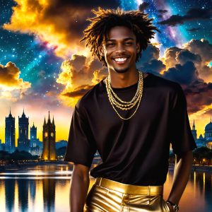 The Beautiful & Handsome Men of the Golden City, is a collection of AI generated images of sexy, glamorous, handsome guys in the heavens. On a balcony, overlooking a large golden city in the heavens. The heavenly landscape evokes a sense of magnificence, the majestic gothic architecture, is detailed and crafted to create an atmosphere of reverence and divine glory. The mystical and galactic landscape highlights the golden city. The great detail of the city and the billowing clouds. A golden river flows from the city to the end of the galaxy. A breathtaking scene of Salar de Uyuni at sunset, reflecting a vibrant gold hue. The stars and constellations sparkle in the galaxy. The city has massive, magnificent, majestic gothic architecture.