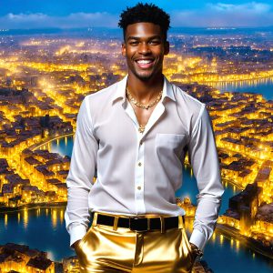 The Beautiful & Handsome Men of the Golden City, is a collection of AI generated images of sexy, glamorous, handsome guys in the heavens. On a balcony, overlooking a large golden city in the heavens. The heavenly landscape evokes a sense of magnificence, the majestic gothic architecture, is detailed and crafted to create an atmosphere of reverence and divine glory. The mystical and galactic landscape highlights the golden city. The great detail of the city and the billowing clouds. A golden river flows from the city to the end of the galaxy. A breathtaking scene of Salar de Uyuni at sunset, reflecting a vibrant gold hue. The stars and constellations sparkle in the galaxy. The city has massive, magnificent, majestic gothic architecture.