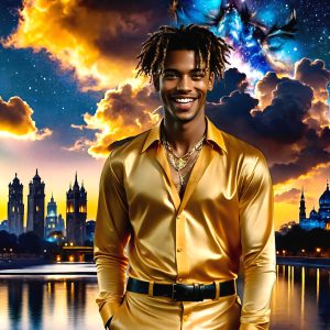 The Beautiful & Handsome Men of the Golden City, is a collection of AI generated images of sexy, glamorous, handsome guys in the heavens. On a balcony, overlooking a large golden city in the heavens. The heavenly landscape evokes a sense of magnificence, the majestic gothic architecture, is detailed and crafted to create an atmosphere of reverence and divine glory. The mystical and galactic landscape highlights the golden city. The great detail of the city and the billowing clouds. A golden river flows from the city to the end of the galaxy. A breathtaking scene of Salar de Uyuni at sunset, reflecting a vibrant gold hue. The stars and constellations sparkle in the galaxy. The city has massive, magnificent, majestic gothic architecture.