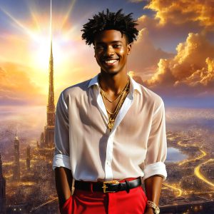 The Beautiful & Handsome Men of the Golden City, is a collection of AI generated images of sexy, glamorous, handsome guys in the heavens. On a balcony, overlooking a large golden city in the heavens. The heavenly landscape evokes a sense of magnificence, the majestic gothic architecture, is detailed and crafted to create an atmosphere of reverence and divine glory. The mystical and galactic landscape highlights the golden city. The great detail of the city and the billowing clouds. A golden river flows from the city to the end of the galaxy. A breathtaking scene of Salar de Uyuni at sunset, reflecting a vibrant gold hue. The stars and constellations sparkle in the galaxy. The city has massive, magnificent, majestic gothic architecture.