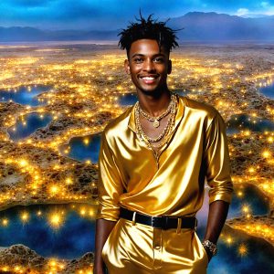 The Beautiful & Handsome Men of the Golden City, is a collection of AI generated images of sexy, glamorous, handsome guys in the heavens. On a balcony, overlooking a large golden city in the heavens. The heavenly landscape evokes a sense of magnificence, the majestic gothic architecture, is detailed and crafted to create an atmosphere of reverence and divine glory. The mystical and galactic landscape highlights the golden city. The great detail of the city and the billowing clouds. A golden river flows from the city to the end of the galaxy. A breathtaking scene of Salar de Uyuni at sunset, reflecting a vibrant gold hue. The stars and constellations sparkle in the galaxy. The city has massive, magnificent, majestic gothic architecture.