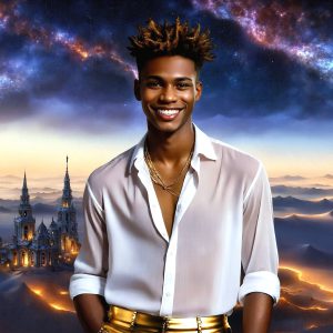 The Beautiful & Handsome Men of the Golden City, is a collection of AI generated images of sexy, glamorous, handsome guys in the heavens. On a balcony, overlooking a large golden city in the heavens. The heavenly landscape evokes a sense of magnificence, the majestic gothic architecture, is detailed and crafted to create an atmosphere of reverence and divine glory. The mystical and galactic landscape highlights the golden city. The great detail of the city and the billowing clouds. A golden river flows from the city to the end of the galaxy. A breathtaking scene of Salar de Uyuni at sunset, reflecting a vibrant gold hue. The stars and constellations sparkle in the galaxy. The city has massive, magnificent, majestic gothic architecture.