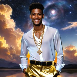 The Beautiful & Handsome Men of the Golden City, is a collection of AI generated images of sexy, glamorous, handsome guys in the heavens. On a balcony, overlooking a large golden city in the heavens. The heavenly landscape evokes a sense of magnificence, the majestic gothic architecture, is detailed and crafted to create an atmosphere of reverence and divine glory. The mystical and galactic landscape highlights the golden city. The great detail of the city and the billowing clouds. A golden river flows from the city to the end of the galaxy. A breathtaking scene of Salar de Uyuni at sunset, reflecting a vibrant gold hue. The stars and constellations sparkle in the galaxy. The city has massive, magnificent, majestic gothic architecture.