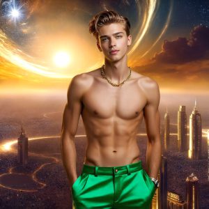 The Beautiful & Handsome Men of the Golden City, is a collection of AI generated images of sexy, glamorous, handsome guys in the heavens. On a balcony, overlooking a large golden city in the heavens. The heavenly landscape evokes a sense of magnificence, the majestic gothic architecture, is detailed and crafted to create an atmosphere of reverence and divine glory. The mystical and galactic landscape highlights the golden city. The great detail of the city and the billowing clouds. A golden river flows from the city to the end of the galaxy. A breathtaking scene of Salar de Uyuni at sunset, reflecting a vibrant gold hue. The stars and constellations sparkle in the galaxy. The city has massive, magnificent, majestic gothic architecture.