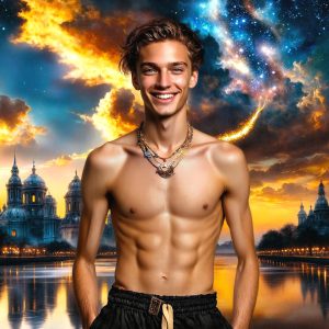 The Beautiful & Handsome Men of the Golden City, is a collection of AI generated images of sexy, glamorous, handsome guys in the heavens. On a balcony, overlooking a large golden city in the heavens. The heavenly landscape evokes a sense of magnificence, the majestic gothic architecture, is detailed and crafted to create an atmosphere of reverence and divine glory. The mystical and galactic landscape highlights the golden city. The great detail of the city and the billowing clouds. A golden river flows from the city to the end of the galaxy. A breathtaking scene of Salar de Uyuni at sunset, reflecting a vibrant gold hue. The stars and constellations sparkle in the galaxy. The city has massive, magnificent, majestic gothic architecture.