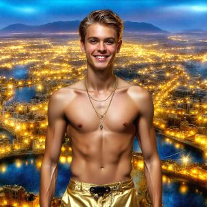 The Beautiful & Handsome Men of the Golden City, is a collection of AI generated images of sexy, glamorous, handsome guys in the heavens. On a balcony, overlooking a large golden city in the heavens. The heavenly landscape evokes a sense of magnificence, the majestic gothic architecture, is detailed and crafted to create an atmosphere of reverence and divine glory. The mystical and galactic landscape highlights the golden city. The great detail of the city and the billowing clouds. A golden river flows from the city to the end of the galaxy. A breathtaking scene of Salar de Uyuni at sunset, reflecting a vibrant gold hue. The stars and constellations sparkle in the galaxy. The city has massive, magnificent, majestic gothic architecture.