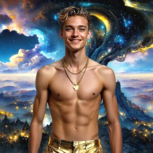 The Beautiful & Handsome Men of the Golden City, is a collection of AI generated images of sexy, glamorous, handsome guys in the heavens. On a balcony, overlooking a large golden city in the heavens. The heavenly landscape evokes a sense of magnificence, the majestic gothic architecture, is detailed and crafted to create an atmosphere of reverence and divine glory. The mystical and galactic landscape highlights the golden city. The great detail of the city and the billowing clouds. A golden river flows from the city to the end of the galaxy. A breathtaking scene of Salar de Uyuni at sunset, reflecting a vibrant gold hue. The stars and constellations sparkle in the galaxy. The city has massive, magnificent, majestic gothic architecture.