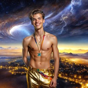 The Beautiful & Handsome Men of the Golden City, is a collection of AI generated images of sexy, glamorous, handsome guys in the heavens. On a balcony, overlooking a large golden city in the heavens. The heavenly landscape evokes a sense of magnificence, the majestic gothic architecture, is detailed and crafted to create an atmosphere of reverence and divine glory. The mystical and galactic landscape highlights the golden city. The great detail of the city and the billowing clouds. A golden river flows from the city to the end of the galaxy. A breathtaking scene of Salar de Uyuni at sunset, reflecting a vibrant gold hue. The stars and constellations sparkle in the galaxy. The city has massive, magnificent, majestic gothic architecture.