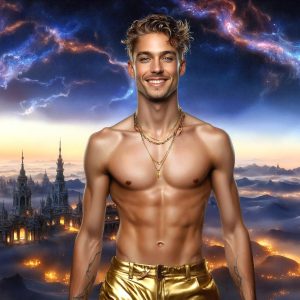 The Beautiful & Handsome Men of the Golden City, is a collection of AI generated images of sexy, glamorous, handsome guys in the heavens. On a balcony, overlooking a large golden city in the heavens. The heavenly landscape evokes a sense of magnificence, the majestic gothic architecture, is detailed and crafted to create an atmosphere of reverence and divine glory. The mystical and galactic landscape highlights the golden city. The great detail of the city and the billowing clouds. A golden river flows from the city to the end of the galaxy. A breathtaking scene of Salar de Uyuni at sunset, reflecting a vibrant gold hue. The stars and constellations sparkle in the galaxy. The city has massive, magnificent, majestic gothic architecture.