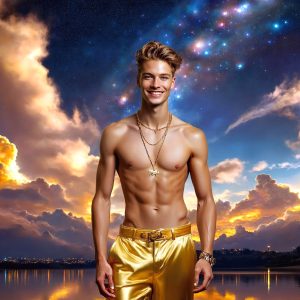 The Beautiful & Handsome Men of the Golden City, is a collection of AI generated images of sexy, glamorous, handsome guys in the heavens. On a balcony, overlooking a large golden city in the heavens. The heavenly landscape evokes a sense of magnificence, the majestic gothic architecture, is detailed and crafted to create an atmosphere of reverence and divine glory. The mystical and galactic landscape highlights the golden city. The great detail of the city and the billowing clouds. A golden river flows from the city to the end of the galaxy. A breathtaking scene of Salar de Uyuni at sunset, reflecting a vibrant gold hue. The stars and constellations sparkle in the galaxy. The city has massive, magnificent, majestic gothic architecture.