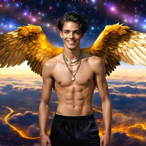 The Beautiful & Handsome Men of the Golden City, is a collection of AI generated images of sexy, glamorous, handsome guys in the heavens. On a balcony, overlooking a large golden city in the heavens. The heavenly landscape evokes a sense of magnificence, the majestic gothic architecture, is detailed and crafted to create an atmosphere of reverence and divine glory. The mystical and galactic landscape highlights the golden city. The great detail of the city and the billowing clouds. A golden river flows from the city to the end of the galaxy. A breathtaking scene of Salar de Uyuni at sunset, reflecting a vibrant gold hue. The stars and constellations sparkle in the galaxy. The city has massive, magnificent, majestic gothic architecture.
