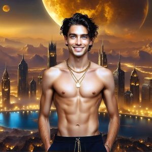 The Beautiful & Handsome Men of the Golden City, is a collection of AI generated images of sexy, glamorous, handsome guys in the heavens. On a balcony, overlooking a large golden city in the heavens. The heavenly landscape evokes a sense of magnificence, the majestic gothic architecture, is detailed and crafted to create an atmosphere of reverence and divine glory. The mystical and galactic landscape highlights the golden city. The great detail of the city and the billowing clouds. A golden river flows from the city to the end of the galaxy. A breathtaking scene of Salar de Uyuni at sunset, reflecting a vibrant gold hue. The stars and constellations sparkle in the galaxy. The city has massive, magnificent, majestic gothic architecture.