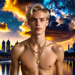 The Beautiful & Handsome Men of the Golden City, is a collection of AI generated images of sexy, glamorous, handsome guys in the heavens. On a balcony, overlooking a large golden city in the heavens. The heavenly landscape evokes a sense of magnificence, the majestic gothic architecture, is detailed and crafted to create an atmosphere of reverence and divine glory. The mystical and galactic landscape highlights the golden city. The great detail of the city and the billowing clouds. A golden river flows from the city to the end of the galaxy. A breathtaking scene of Salar de Uyuni at sunset, reflecting a vibrant gold hue. The stars and constellations sparkle in the galaxy. The city has massive, magnificent, majestic gothic architecture.