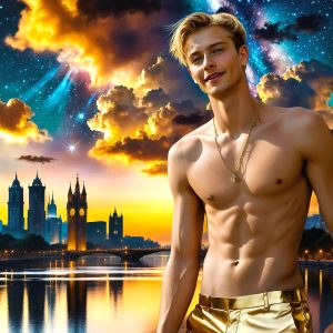 The Beautiful & Handsome Men of the Golden City, is a collection of AI generated images of sexy, glamorous, handsome guys in the heavens. On a balcony, overlooking a large golden city in the heavens. The heavenly landscape evokes a sense of magnificence, the majestic gothic architecture, is detailed and crafted to create an atmosphere of reverence and divine glory. The mystical and galactic landscape highlights the golden city. The great detail of the city and the billowing clouds. A golden river flows from the city to the end of the galaxy. A breathtaking scene of Salar de Uyuni at sunset, reflecting a vibrant gold hue. The stars and constellations sparkle in the galaxy. The city has massive, magnificent, majestic gothic architecture.