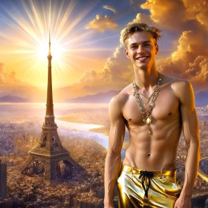 The Beautiful & Handsome Men of the Golden City, is a collection of AI generated images of sexy, glamorous, handsome guys in the heavens. On a balcony, overlooking a large golden city in the heavens. The heavenly landscape evokes a sense of magnificence, the majestic gothic architecture, is detailed and crafted to create an atmosphere of reverence and divine glory. The mystical and galactic landscape highlights the golden city. The great detail of the city and the billowing clouds. A golden river flows from the city to the end of the galaxy. A breathtaking scene of Salar de Uyuni at sunset, reflecting a vibrant gold hue. The stars and constellations sparkle in the galaxy. The city has massive, magnificent, majestic gothic architecture.