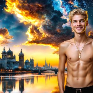 The Beautiful & Handsome Men of the Golden City, is a collection of AI generated images of sexy, glamorous, handsome guys in the heavens. On a balcony, overlooking a large golden city in the heavens. The heavenly landscape evokes a sense of magnificence, the majestic gothic architecture, is detailed and crafted to create an atmosphere of reverence and divine glory. The mystical and galactic landscape highlights the golden city. The great detail of the city and the billowing clouds. A golden river flows from the city to the end of the galaxy. A breathtaking scene of Salar de Uyuni at sunset, reflecting a vibrant gold hue. The stars and constellations sparkle in the galaxy. The city has massive, magnificent, majestic gothic architecture.