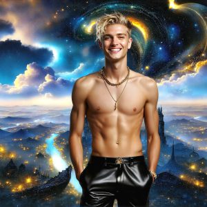 The Beautiful & Handsome Men of the Golden City, is a collection of AI generated images of sexy, glamorous, handsome guys in the heavens. On a balcony, overlooking a large golden city in the heavens. The heavenly landscape evokes a sense of magnificence, the majestic gothic architecture, is detailed and crafted to create an atmosphere of reverence and divine glory. The mystical and galactic landscape highlights the golden city. The great detail of the city and the billowing clouds. A golden river flows from the city to the end of the galaxy. A breathtaking scene of Salar de Uyuni at sunset, reflecting a vibrant gold hue. The stars and constellations sparkle in the galaxy. The city has massive, magnificent, majestic gothic architecture.