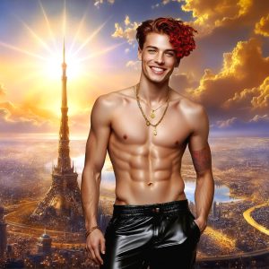 The Beautiful & Handsome Men of the Golden City, is a collection of AI generated images of sexy, glamorous, handsome guys in the heavens. On a balcony, overlooking a large golden city in the heavens. The heavenly landscape evokes a sense of magnificence, the majestic gothic architecture, is detailed and crafted to create an atmosphere of reverence and divine glory. The mystical and galactic landscape highlights the golden city. The great detail of the city and the billowing clouds. A golden river flows from the city to the end of the galaxy. A breathtaking scene of Salar de Uyuni at sunset, reflecting a vibrant gold hue. The stars and constellations sparkle in the galaxy. The city has massive, magnificent, majestic gothic architecture.