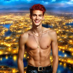 The Beautiful & Handsome Men of the Golden City, is a collection of AI generated images of sexy, glamorous, handsome guys in the heavens. On a balcony, overlooking a large golden city in the heavens. The heavenly landscape evokes a sense of magnificence, the majestic gothic architecture, is detailed and crafted to create an atmosphere of reverence and divine glory. The mystical and galactic landscape highlights the golden city. The great detail of the city and the billowing clouds. A golden river flows from the city to the end of the galaxy. A breathtaking scene of Salar de Uyuni at sunset, reflecting a vibrant gold hue. The stars and constellations sparkle in the galaxy. The city has massive, magnificent, majestic gothic architecture.