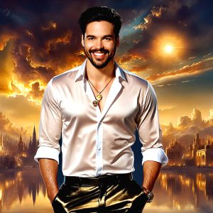 The Beautiful & Handsome Men of the Golden City, is a collection of AI generated images of sexy, glamorous, handsome guys in the heavens. On a balcony, overlooking a large golden city in the heavens. The heavenly landscape evokes a sense of magnificence, the majestic gothic architecture, is detailed and crafted to create an atmosphere of reverence and divine glory. The mystical and galactic landscape highlights the golden city. The great detail of the city and the billowing clouds. A golden river flows from the city to the end of the galaxy. A breathtaking scene of Salar de Uyuni at sunset, reflecting a vibrant gold hue. The stars and constellations sparkle in the galaxy. The city has massive, magnificent, majestic gothic architecture.