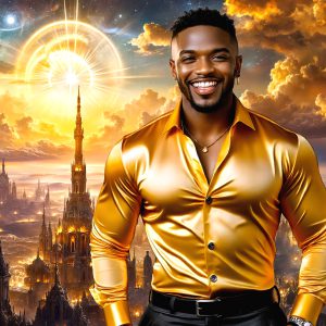 The Beautiful & Handsome Men of the Golden City, is a collection of AI generated images of sexy, glamorous, handsome guys in the heavens. On a balcony, overlooking a large golden city in the heavens. The heavenly landscape evokes a sense of magnificence, the majestic gothic architecture, is detailed and crafted to create an atmosphere of reverence and divine glory. The mystical and galactic landscape highlights the golden city. The great detail of the city and the billowing clouds. A golden river flows from the city to the end of the galaxy. A breathtaking scene of Salar de Uyuni at sunset, reflecting a vibrant gold hue. The stars and constellations sparkle in the galaxy. The city has massive, magnificent, majestic gothic architecture.