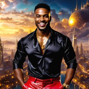 The Beautiful & Handsome Men of the Golden City, is a collection of AI generated images of sexy, glamorous, handsome guys in the heavens. On a balcony, overlooking a large golden city in the heavens. The heavenly landscape evokes a sense of magnificence, the majestic gothic architecture, is detailed and crafted to create an atmosphere of reverence and divine glory. The mystical and galactic landscape highlights the golden city. The great detail of the city and the billowing clouds. A golden river flows from the city to the end of the galaxy. A breathtaking scene of Salar de Uyuni at sunset, reflecting a vibrant gold hue. The stars and constellations sparkle in the galaxy. The city has massive, magnificent, majestic gothic architecture.