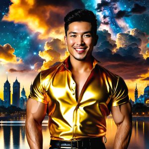 The Beautiful & Handsome Men of the Golden City, is a collection of AI generated images of sexy, glamorous, handsome guys in the heavens. On a balcony, overlooking a large golden city in the heavens. The heavenly landscape evokes a sense of magnificence, the majestic gothic architecture, is detailed and crafted to create an atmosphere of reverence and divine glory. The mystical and galactic landscape highlights the golden city. The great detail of the city and the billowing clouds. A golden river flows from the city to the end of the galaxy. A breathtaking scene of Salar de Uyuni at sunset, reflecting a vibrant gold hue. The stars and constellations sparkle in the galaxy. The city has massive, magnificent, majestic gothic architecture.