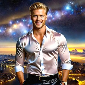 The Beautiful & Handsome Men of the Golden City, is a collection of AI generated images of sexy, glamorous, handsome guys in the heavens. On a balcony, overlooking a large golden city in the heavens. The heavenly landscape evokes a sense of magnificence, the majestic gothic architecture, is detailed and crafted to create an atmosphere of reverence and divine glory. The mystical and galactic landscape highlights the golden city. The great detail of the city and the billowing clouds. A golden river flows from the city to the end of the galaxy. A breathtaking scene of Salar de Uyuni at sunset, reflecting a vibrant gold hue. The stars and constellations sparkle in the galaxy. The city has massive, magnificent, majestic gothic architecture.