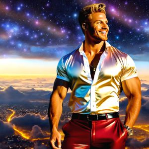 The Beautiful & Handsome Men of the Golden City, is a collection of AI generated images of sexy, glamorous, handsome guys in the heavens. On a balcony, overlooking a large golden city in the heavens. The heavenly landscape evokes a sense of magnificence, the majestic gothic architecture, is detailed and crafted to create an atmosphere of reverence and divine glory. The mystical and galactic landscape highlights the golden city. The great detail of the city and the billowing clouds. A golden river flows from the city to the end of the galaxy. A breathtaking scene of Salar de Uyuni at sunset, reflecting a vibrant gold hue. The stars and constellations sparkle in the galaxy. The city has massive, magnificent, majestic gothic architecture.