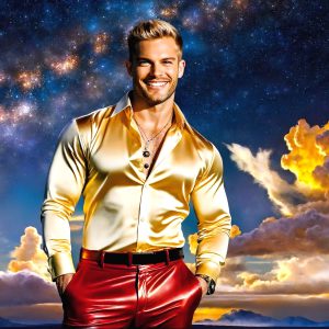 The Beautiful & Handsome Men of the Golden City, is a collection of AI generated images of sexy, glamorous, handsome guys in the heavens. On a balcony, overlooking a large golden city in the heavens. The heavenly landscape evokes a sense of magnificence, the majestic gothic architecture, is detailed and crafted to create an atmosphere of reverence and divine glory. The mystical and galactic landscape highlights the golden city. The great detail of the city and the billowing clouds. A golden river flows from the city to the end of the galaxy. A breathtaking scene of Salar de Uyuni at sunset, reflecting a vibrant gold hue. The stars and constellations sparkle in the galaxy. The city has massive, magnificent, majestic gothic architecture.