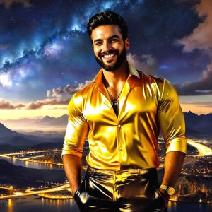 The Beautiful & Handsome Men of the Golden City, is a collection of AI generated images of sexy, glamorous, handsome guys in the heavens. On a balcony, overlooking a large golden city in the heavens. The heavenly landscape evokes a sense of magnificence, the majestic gothic architecture, is detailed and crafted to create an atmosphere of reverence and divine glory. The mystical and galactic landscape highlights the golden city. The great detail of the city and the billowing clouds. A golden river flows from the city to the end of the galaxy. A breathtaking scene of Salar de Uyuni at sunset, reflecting a vibrant gold hue. The stars and constellations sparkle in the galaxy. The city has massive, magnificent, majestic gothic architecture.