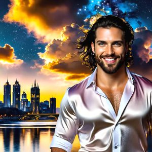 The Beautiful & Handsome Men of the Golden City, is a collection of AI generated images of sexy, glamorous, handsome guys in the heavens. On a balcony, overlooking a large golden city in the heavens. The heavenly landscape evokes a sense of magnificence, the majestic gothic architecture, is detailed and crafted to create an atmosphere of reverence and divine glory. The mystical and galactic landscape highlights the golden city. The great detail of the city and the billowing clouds. A golden river flows from the city to the end of the galaxy. A breathtaking scene of Salar de Uyuni at sunset, reflecting a vibrant gold hue. The stars and constellations sparkle in the galaxy. The city has massive, magnificent, majestic gothic architecture.