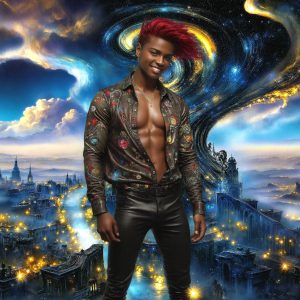 The Beautiful & Handsome Men of the Golden City, is a collection of AI generated images of sexy, glamorous, handsome guys in the heavens. On a balcony, overlooking a large golden city in the heavens. The heavenly landscape evokes a sense of magnificence, the majestic gothic architecture, is detailed and crafted to create an atmosphere of reverence and divine glory. The mystical and galactic landscape highlights the golden city. The great detail of the city and the billowing clouds. A golden river flows from the city to the end of the galaxy. A breathtaking scene of Salar de Uyuni at sunset, reflecting a vibrant gold hue. The stars and constellations sparkle in the galaxy. The city has massive, magnificent, majestic gothic architecture.