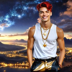 The Beautiful & Handsome Men of the Golden City, is a collection of AI generated images of sexy, glamorous, handsome guys in the heavens. On a balcony, overlooking a large golden city in the heavens. The heavenly landscape evokes a sense of magnificence, the majestic gothic architecture, is detailed and crafted to create an atmosphere of reverence and divine glory. The mystical and galactic landscape highlights the golden city. The great detail of the city and the billowing clouds. A golden river flows from the city to the end of the galaxy. A breathtaking scene of Salar de Uyuni at sunset, reflecting a vibrant gold hue. The stars and constellations sparkle in the galaxy. The city has massive, magnificent, majestic gothic architecture.