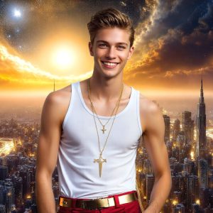 The Beautiful & Handsome Men of the Golden City, is a collection of AI generated images of sexy, glamorous, handsome guys in the heavens. On a balcony, overlooking a large golden city in the heavens. The heavenly landscape evokes a sense of magnificence, the majestic gothic architecture, is detailed and crafted to create an atmosphere of reverence and divine glory. The mystical and galactic landscape highlights the golden city. The great detail of the city and the billowing clouds. A golden river flows from the city to the end of the galaxy. A breathtaking scene of Salar de Uyuni at sunset, reflecting a vibrant gold hue. The stars and constellations sparkle in the galaxy. The city has massive, magnificent, majestic gothic architecture.