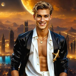 The Beautiful & Handsome Men of the Golden City, is a collection of AI generated images of sexy, glamorous, handsome guys in the heavens. On a balcony, overlooking a large golden city in the heavens. The heavenly landscape evokes a sense of magnificence, the majestic gothic architecture, is detailed and crafted to create an atmosphere of reverence and divine glory. The mystical and galactic landscape highlights the golden city. The great detail of the city and the billowing clouds. A golden river flows from the city to the end of the galaxy. A breathtaking scene of Salar de Uyuni at sunset, reflecting a vibrant gold hue. The stars and constellations sparkle in the galaxy. The city has massive, magnificent, majestic gothic architecture.