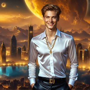 The Beautiful & Handsome Men of the Golden City, is a collection of AI generated images of sexy, glamorous, handsome guys in the heavens. On a balcony, overlooking a large golden city in the heavens. The heavenly landscape evokes a sense of magnificence, the majestic gothic architecture, is detailed and crafted to create an atmosphere of reverence and divine glory. The mystical and galactic landscape highlights the golden city. The great detail of the city and the billowing clouds. A golden river flows from the city to the end of the galaxy. A breathtaking scene of Salar de Uyuni at sunset, reflecting a vibrant gold hue. The stars and constellations sparkle in the galaxy. The city has massive, magnificent, majestic gothic architecture.