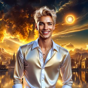 The Beautiful & Handsome Men of the Golden City, is a collection of AI generated images of sexy, glamorous, handsome guys in the heavens. On a balcony, overlooking a large golden city in the heavens. The heavenly landscape evokes a sense of magnificence, the majestic gothic architecture, is detailed and crafted to create an atmosphere of reverence and divine glory. The mystical and galactic landscape highlights the golden city. The great detail of the city and the billowing clouds. A golden river flows from the city to the end of the galaxy. A breathtaking scene of Salar de Uyuni at sunset, reflecting a vibrant gold hue. The stars and constellations sparkle in the galaxy. The city has massive, magnificent, majestic gothic architecture.