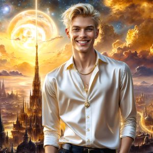 The Beautiful & Handsome Men of the Golden City, is a collection of AI generated images of sexy, glamorous, handsome guys in the heavens. On a balcony, overlooking a large golden city in the heavens. The heavenly landscape evokes a sense of magnificence, the majestic gothic architecture, is detailed and crafted to create an atmosphere of reverence and divine glory. The mystical and galactic landscape highlights the golden city. The great detail of the city and the billowing clouds. A golden river flows from the city to the end of the galaxy. A breathtaking scene of Salar de Uyuni at sunset, reflecting a vibrant gold hue. The stars and constellations sparkle in the galaxy. The city has massive, magnificent, majestic gothic architecture.
