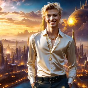 The Beautiful & Handsome Men of the Golden City, is a collection of AI generated images of sexy, glamorous, handsome guys in the heavens. On a balcony, overlooking a large golden city in the heavens. The heavenly landscape evokes a sense of magnificence, the majestic gothic architecture, is detailed and crafted to create an atmosphere of reverence and divine glory. The mystical and galactic landscape highlights the golden city. The great detail of the city and the billowing clouds. A golden river flows from the city to the end of the galaxy. A breathtaking scene of Salar de Uyuni at sunset, reflecting a vibrant gold hue. The stars and constellations sparkle in the galaxy. The city has massive, magnificent, majestic gothic architecture.