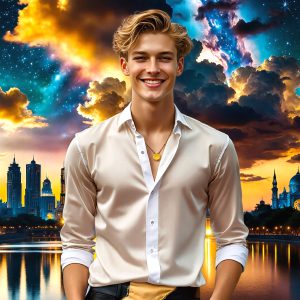 The Beautiful & Handsome Men of the Golden City, is a collection of AI generated images of sexy, glamorous, handsome guys in the heavens. On a balcony, overlooking a large golden city in the heavens. The heavenly landscape evokes a sense of magnificence, the majestic gothic architecture, is detailed and crafted to create an atmosphere of reverence and divine glory. The mystical and galactic landscape highlights the golden city. The great detail of the city and the billowing clouds. A golden river flows from the city to the end of the galaxy. A breathtaking scene of Salar de Uyuni at sunset, reflecting a vibrant gold hue. The stars and constellations sparkle in the galaxy. The city has massive, magnificent, majestic gothic architecture.