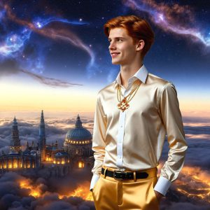 The Beautiful & Handsome Men of the Golden City, is a collection of AI generated images of sexy, glamorous, handsome guys in the heavens. On a balcony, overlooking a large golden city in the heavens. The heavenly landscape evokes a sense of magnificence, the majestic gothic architecture, is detailed and crafted to create an atmosphere of reverence and divine glory. The mystical and galactic landscape highlights the golden city. The great detail of the city and the billowing clouds. A golden river flows from the city to the end of the galaxy. A breathtaking scene of Salar de Uyuni at sunset, reflecting a vibrant gold hue. The stars and constellations sparkle in the galaxy. The city has massive, magnificent, majestic gothic architecture.
