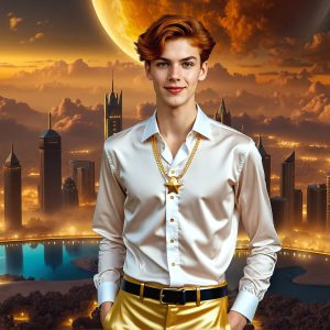 The Beautiful & Handsome Men of the Golden City, is a collection of AI generated images of sexy, glamorous, handsome guys in the heavens. On a balcony, overlooking a large golden city in the heavens. The heavenly landscape evokes a sense of magnificence, the majestic gothic architecture, is detailed and crafted to create an atmosphere of reverence and divine glory. The mystical and galactic landscape highlights the golden city. The great detail of the city and the billowing clouds. A golden river flows from the city to the end of the galaxy. A breathtaking scene of Salar de Uyuni at sunset, reflecting a vibrant gold hue. The stars and constellations sparkle in the galaxy. The city has massive, magnificent, majestic gothic architecture.