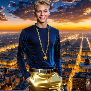 The Beautiful & Handsome Men of the Golden City, is a collection of AI generated images of sexy, glamorous, handsome guys in the heavens. On a balcony, overlooking a large golden city in the heavens. The heavenly landscape evokes a sense of magnificence, the majestic gothic architecture, is detailed and crafted to create an atmosphere of reverence and divine glory. The mystical and galactic landscape highlights the golden city. The great detail of the city and the billowing clouds. A golden river flows from the city to the end of the galaxy. A breathtaking scene of Salar de Uyuni at sunset, reflecting a vibrant gold hue. The stars and constellations sparkle in the galaxy. The city has massive, magnificent, majestic gothic architecture.