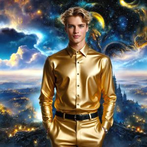 The Beautiful & Handsome Men of the Golden City, is a collection of AI generated images of sexy, glamorous, handsome guys in the heavens. On a balcony, overlooking a large golden city in the heavens. The heavenly landscape evokes a sense of magnificence, the majestic gothic architecture, is detailed and crafted to create an atmosphere of reverence and divine glory. The mystical and galactic landscape highlights the golden city. The great detail of the city and the billowing clouds. A golden river flows from the city to the end of the galaxy. A breathtaking scene of Salar de Uyuni at sunset, reflecting a vibrant gold hue. The stars and constellations sparkle in the galaxy. The city has massive, magnificent, majestic gothic architecture.