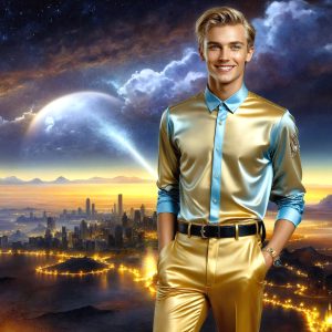 The Beautiful & Handsome Men of the Golden City, is a collection of AI generated images of sexy, glamorous, handsome guys in the heavens. On a balcony, overlooking a large golden city in the heavens. The heavenly landscape evokes a sense of magnificence, the majestic gothic architecture, is detailed and crafted to create an atmosphere of reverence and divine glory. The mystical and galactic landscape highlights the golden city. The great detail of the city and the billowing clouds. A golden river flows from the city to the end of the galaxy. A breathtaking scene of Salar de Uyuni at sunset, reflecting a vibrant gold hue. The stars and constellations sparkle in the galaxy. The city has massive, magnificent, majestic gothic architecture.