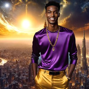 The Beautiful & Handsome Men of the Golden City, is a collection of AI generated images of sexy, glamorous, handsome guys in the heavens. On a balcony, overlooking a large golden city in the heavens. The heavenly landscape evokes a sense of magnificence, the majestic gothic architecture, is detailed and crafted to create an atmosphere of reverence and divine glory. The mystical and galactic landscape highlights the golden city. The great detail of the city and the billowing clouds. A golden river flows from the city to the end of the galaxy. A breathtaking scene of Salar de Uyuni at sunset, reflecting a vibrant gold hue. The stars and constellations sparkle in the galaxy. The city has massive, magnificent, majestic gothic architecture.