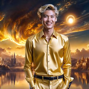 The Beautiful & Handsome Men of the Golden City, is a collection of AI generated images of sexy, glamorous, handsome guys in the heavens. On a balcony, overlooking a large golden city in the heavens. The heavenly landscape evokes a sense of magnificence, the majestic gothic architecture, is detailed and crafted to create an atmosphere of reverence and divine glory. The mystical and galactic landscape highlights the golden city. The great detail of the city and the billowing clouds. A golden river flows from the city to the end of the galaxy. A breathtaking scene of Salar de Uyuni at sunset, reflecting a vibrant gold hue. The stars and constellations sparkle in the galaxy. The city has massive, magnificent, majestic gothic architecture.